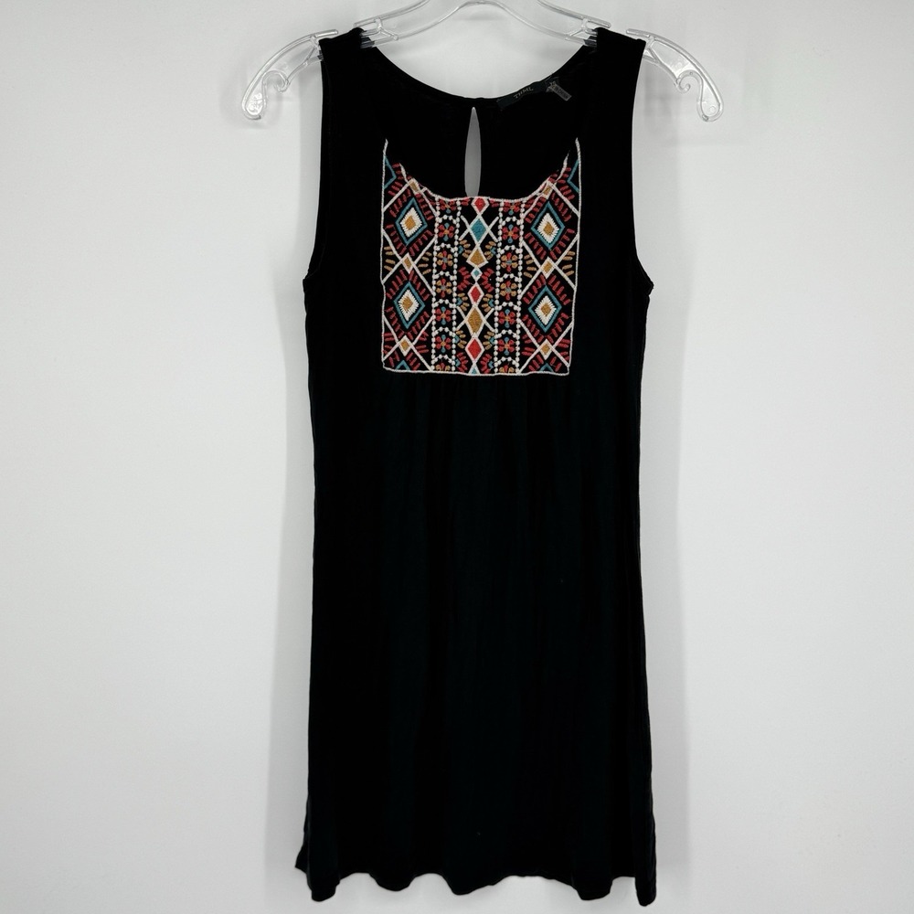 THML Embroidered Boho Shift Dress Womens XS Black Sleeveless Festival Mini Aztec